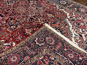 Persian Heriz Rug 8x12, Vintage Geometric Medallion Carpet, Semi Antique Wool Handmade Room Sized Oriental Rug 8 x 12, Red Dark Blue Ivory