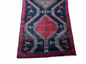 3 X 7 Handmade Wool Tribal Runner Rug Geometric Red Blue Boho Organic Dyes