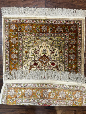 Silk Turkish Hereke Rug 2x3, Birds Lantern Very Fine 400 KPSI, Signed by Masterweaver, Wonderful, Rare, Small Hereke Rug