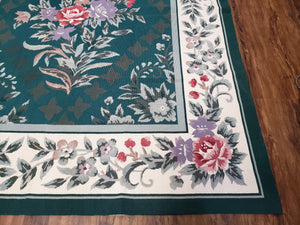 Chinese Needlepoint Rug 8x10, Vintage Green Area Rug, Hand-Woven Flatweave Floral European Design Carpet Wool Handmade 8x 10 Living Room Rug