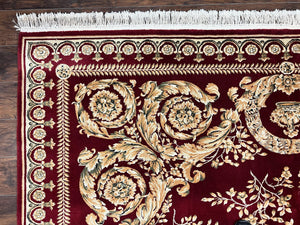 Aubusson Rug 9x12, Wool Handmade Carpet, Elegant French European Design, Dark Maroon Red, 9 x 12 Room Sized Rug, Finely Hand Knotted