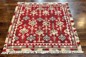 Indian Kilim Rug 6x6, Square Kilim Flatweave Carpet, Vintage Handmade Wool Rug, Red