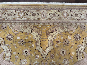 Sino Persian Rug 8x11, Wool with Silk Highlights, Unique Colors, Gold and Light Green, Fine 240 KPSI