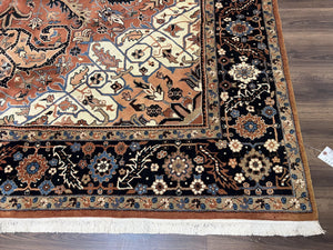 Indo Persian Heriz Rug 9x12, Geometric Medallion, Vintage Oriental Carpet, Handmade Room Sized Wool Heriz Serapi Rug, Red Navy Blue Cream