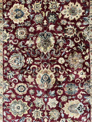 Indo Persian Rug 8x10, Wool Hand Knotted Vintage Carpet, Dark Red, Indian Mahal Rug, Agra Design, 8 x 10 Room Sized Oriental Rug