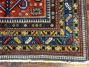 Colorful Persian Ardabil Rug 4x7, Red Blue Gold, Geometric Caucasian Design, Vintage