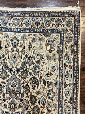 Persian Nain Rug 4x7, Floral Medallion Oriental Carpet 4 x 7 ft, Ivory Persian Rug, Handmade Hand Knotted Vintage, Wool & Silk Highlights, Birds