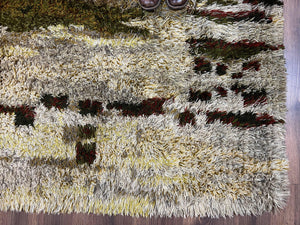 Swedish Rya Shag Rug 5x8, Multicolor Abstract Mid Century Vintage Retro Shag Rug, Soft Fluffy High Pile, Cream Gray Greens, 5 x 8 Shag Rug