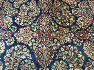 Antique Persian Sarouk Rug 4x6, Hand Knotted 1920s Oriental Carpet 4 x 6 ft, Navy Blue and Red Wool Rug, Handmade Floral Allover Persian Area Rug