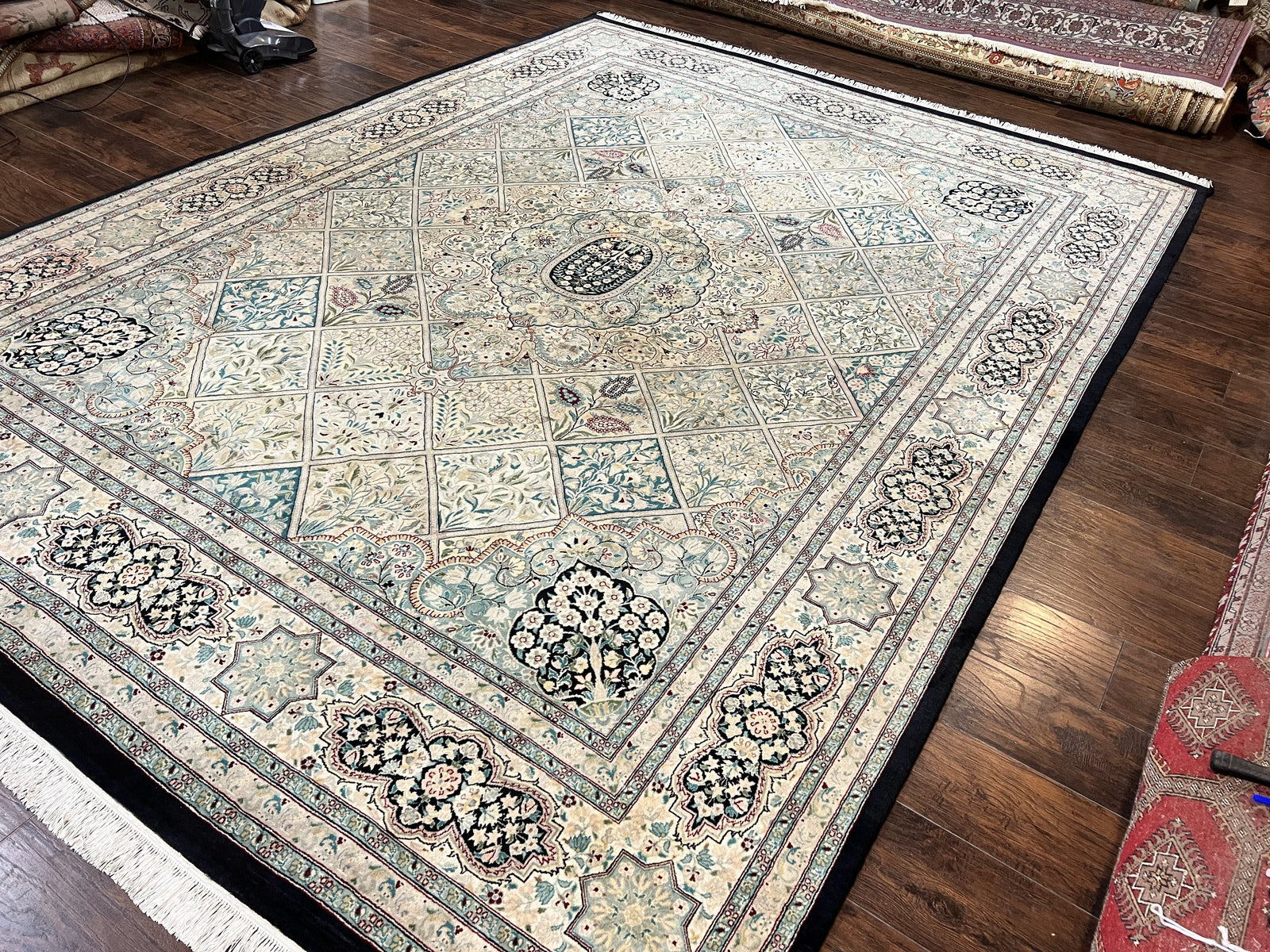 Pak Persian Kirman Rug 9x12, Panel Design Oriental Carpet 9 x 12 ft, Wool Hand Knotted Handmade Traditional Room Sized Vintage Rug, Green