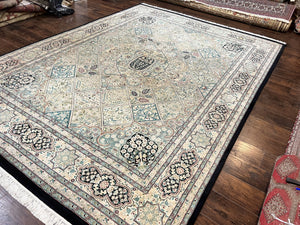 Pak Persian Kirman Rug 9x12, Panel Design Oriental Carpet 9 x 12 ft, Wool Hand Knotted Handmade Traditional Room Sized Vintage Rug, Green