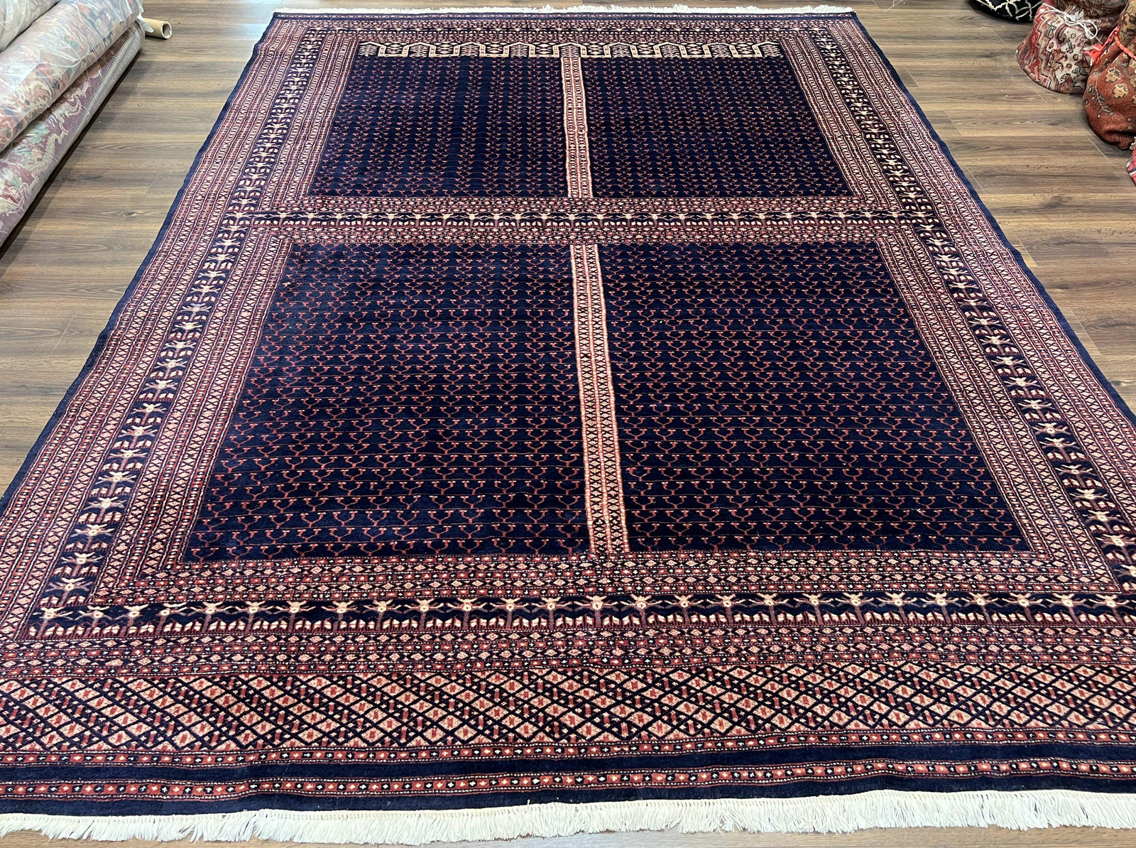 Pakistani Rug 8x11, Hand Knotted Wool Carpet, Navy Blue Red Beige, Four Season Hatchli Design, 8 x 11 Vintage Fine Oriental Rug, Room Sized