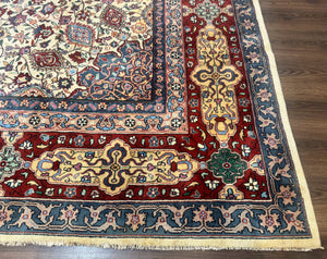 Persian Mashad Rug 10x16, Palace Size Handmade Wool Carpet, Cream Red, Floral Medallion, Vintage