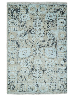 4x6 Fine Hand Knotted Aqua, Beige and Black Traditional Vintage Persian Style Antique Wool and Bamboo Silk Rug | AGR10