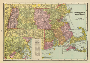 Vintage Map of Massachusetts & Rhode Island 1909