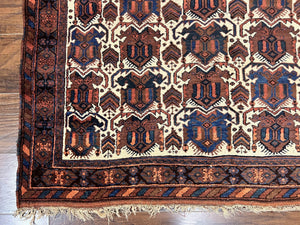Persian Afshar Rug 4x5, Repeated Motif, Ivory & Burgundy, Wool Tribal Oriental Carpet, Handmade Vintage Semi Antique Medium Sized Rug