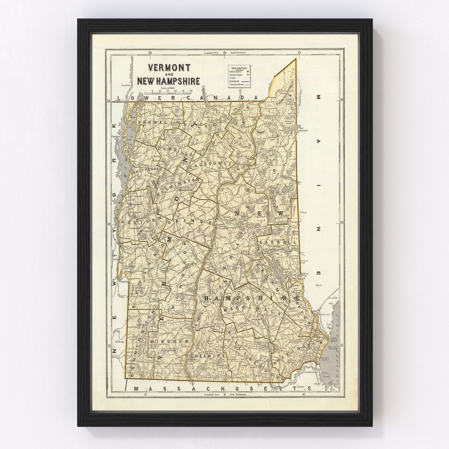 Vintage Map of Vermont & New Hampshire 1842