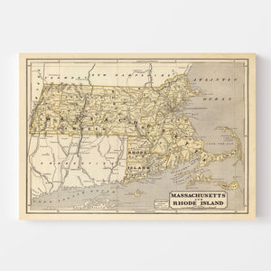 Vintage Map of Massachusetts & Rhode Island 1842