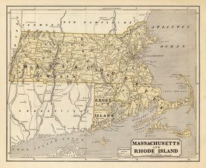 Vintage Map of Massachusetts & Rhode Island 1842