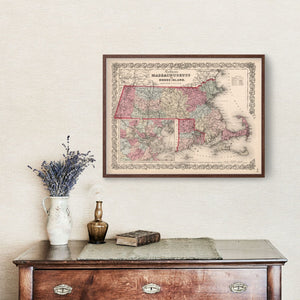 Vintage Map of Massachusetts & Rhode Island 1861