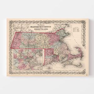 Vintage Map of Massachusetts & Rhode Island 1861