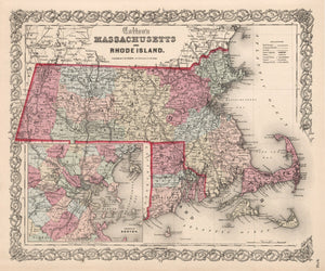 Vintage Map of Massachusetts & Rhode Island 1861