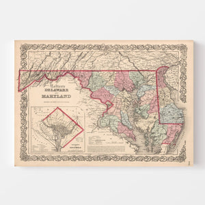 Vintage Map of Maryland & Delaware 1861