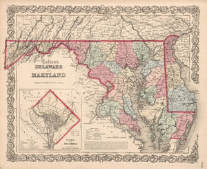 Vintage Map of Maryland & Delaware 1861