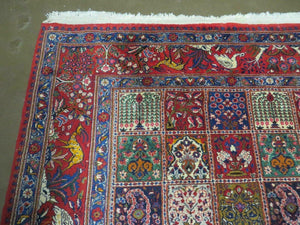 Wonderful Persian Bakhtiari Rug 8x11, Panel Design Animal Pictorials, Handmade Semi Antique Vintage Oriental Carpet, Multicolor Room Sized Wool & Silk