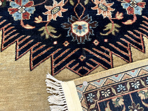 Indo Persian Heriz Rug 8x12, Camel Hair Tan and Navy Blue, Decorative