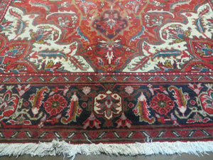 Persian Heriz Rug 7.5 x 10, Room Sized Heriz Ahar Carpet, Semi Antique Vintage Floral Large Medallion Rug, Red and Navy Blue, Hand Knotted Wool Rug