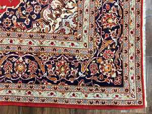 Persian Kashan Rug 10x13, Floral Medallion, Traditional Area Rug, Red Navy Blue Ivory, Handmade Semi Antique Vintage Wool Oriental Carpet 10 x 13