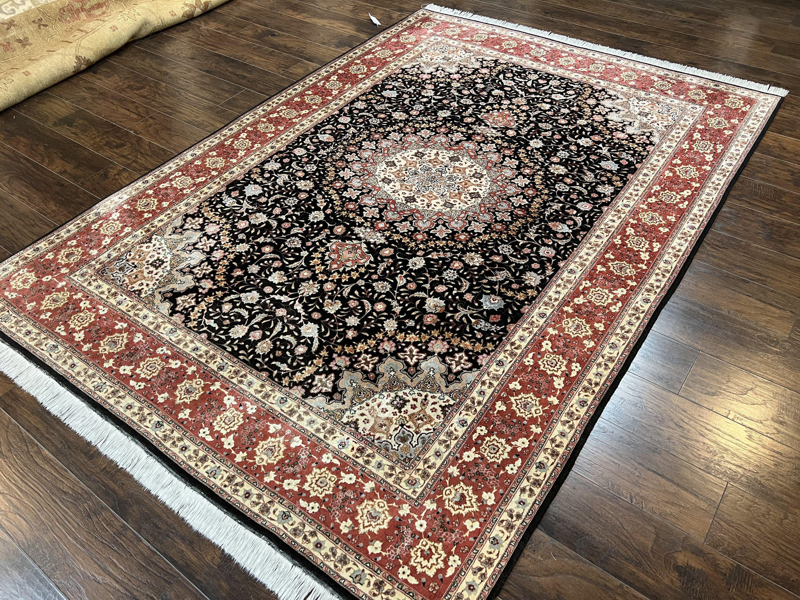 Marvelous Persian Tabriz Rug 7x10 ft, Super Fine 50 Raj, 300+ KPSI, Black and Rust Red, Floral Medallion Handmade Wool Oriental Carpet, Top Quality