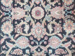 Vintage Indo Persian Mahal Area Rug 4x6, Wool Hand-Knotted Midnight Blue & Ivory Floral Design Indian Carpet, 4 x 6 Traditional Oriental Rug