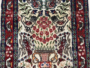 Small Indo Persian Rug 2x3 ft, Wool with Silk Highlights, Animal Pictorials, Birds