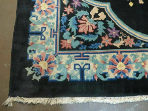 Black Chinese Wool Rug 8x10, Art Deco Floral Carpet, Soft Plush Pile
