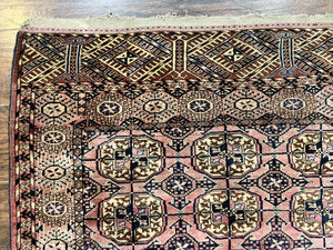 Persian Turkoman Rug 4x6, Wool Hand Knotted Antique Bokhara Carpet, Red Pink, Handmade Tribal Oriental Rug 4 x 6 ft