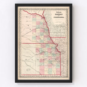 Vintage Map of Kansas & Nebraska 1861