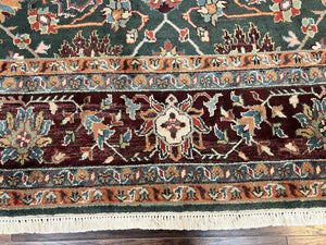 Indo Persian Rug 9x12, Wool Hand Knotted Vintage Carpet, Green and Maroon, Traditional Allover Floral Design, 9 x 12 Room Sized Rug