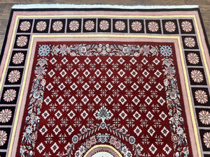 Pakistani Rug 6x9, European Aubusson Design, Wool Handmade Vintage Carpet, Dark Red, 6 x 9 Medium Sized Rug
