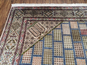 Sino Persian Silk Rug 6.4 x 9.9, Very Fine Hand Knotted Carpet, Panel Design Multicolor, Silk Pile on Silk Foundation, Handmade Vintage