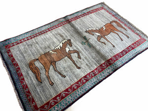 4 X 6 Handmade Rug Zagros New Vintage Quality Wool Rug Horses Silver Brown Nice