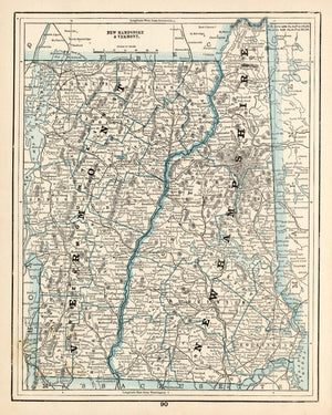 Vintage Map of New Hampshire & Vermont 1893