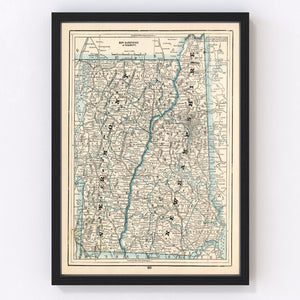 Vintage Map of New Hampshire & Vermont 1893