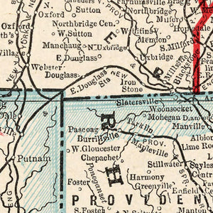 Vintage Map of Massachusetts & Rhode Island 1893