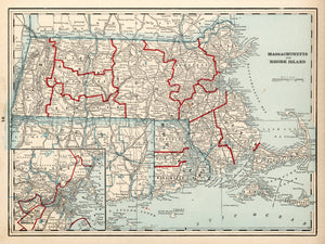 Vintage Map of Massachusetts & Rhode Island 1893