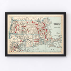 Vintage Map of Massachusetts & Rhode Island 1893