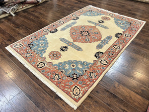 Romanian Heriz Serapi Rug 6x9, Hand Knotted Vintage Wool Oriental Carpet, Medium Sized Area Rug, Boho Rug, Handmade Rug, Cream and Pink