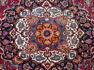 Large Persian Kashan Rug 11x14, Traditional Persian Carpet, Wool, Fine 250 KPSI, Red Navy Blue