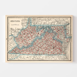 Vintage Map of Virginia, West Virginia, Maryland & Delaware 1893